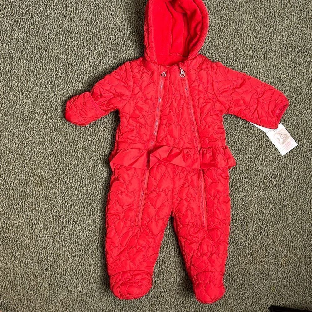 Jessica Simpson Red Woven Pram 6-9 mo Red Hearts Quilted Snowsuit